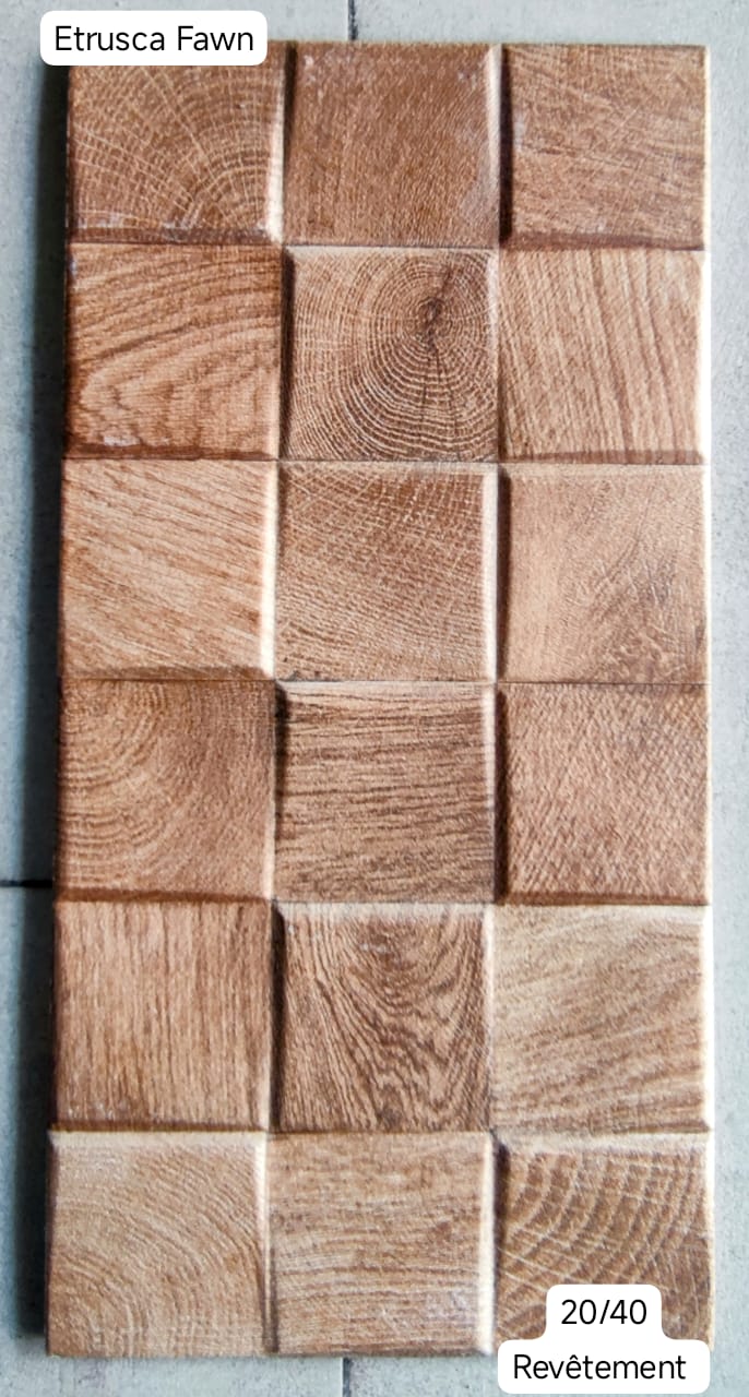 Apportez chaleur et caractère à vos espaces avec le carrelage mural Etrusca Fawn, un revêtement effet bois au design texturé unique. Ses motifs en relief et ses nuances naturelles imitant le bois coupé créent un effet authentique et raffiné. Idéal pour habiller vos murs de salons, cuisines ou salles de bains avec une touche chaleureuse et moderne.
Dimensions : 20 x 40 cm
Usage : Revêtement mural intérieur