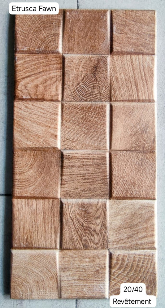 Apportez chaleur et caractère à vos espaces avec le carrelage mural Etrusca Fawn, un revêtement effet bois au design texturé unique. Ses motifs en relief et ses nuances naturelles imitant le bois coupé créent un effet authentique et raffiné. Idéal pour habiller vos murs de salons, cuisines ou salles de bains avec une touche chaleureuse et moderne.
Dimensions : 20 x 40 cm
Usage : Revêtement mural intérieur