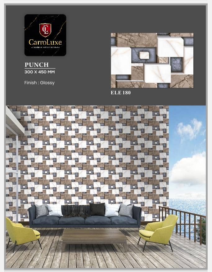 Apportez du relief et du style à vos murs avec le carrelage mural Punch ELE 180. Son design géométrique effet pierre et marbre crée une ambiance moderne et texturée, idéale pour habiller vos espaces intérieurs ou extérieurs couverts. Format pratique 30x45 cm avec finition brillante pour un rendu éclatant.

Détails clés :
✔️ Design : Effet pierre, marbre et béton structuré
✔️ Format : 30 x 45 cm
✔️ Finition : Glossy (b