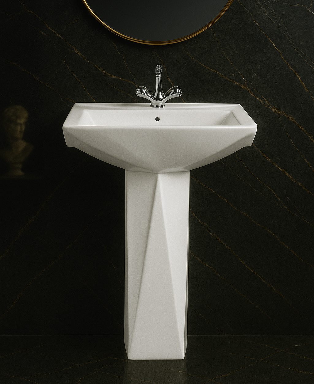 Ce lavabo sur pied au design géométrique moderne apporte une touche d'élégance contemporaine à votre salle de bain. Sa finition blanche éclatante et ses lignes angulaires inspirées du diamant en font un choix raffiné et original.