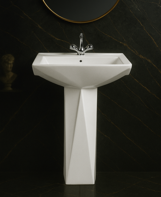 Ce lavabo sur pied au design géométrique moderne apporte une touche d'élégance contemporaine à votre salle de bain. Sa finition blanche éclatante et ses lignes angulaires inspirées du diamant en font un choix raffiné et original.