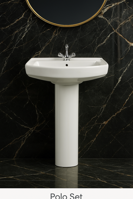 Design classique et fonctionnel, le lavabo sur pied POLO SET s'intègre parfaitement à tous types de salles de bain. Sa colonne élégante cache la plomberie pour un rendu propre et épuré. Idéal pour un usage quotidien avec une touche de simplicité moderne.
