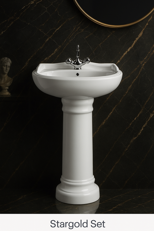 Élégant lavabo sur pied en céramique blanche, design classique et robuste, idéal pour les salles de bain modernes ou traditionnelles.
