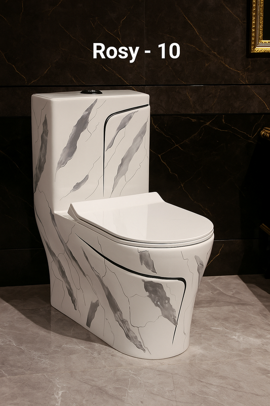 Apportez une touche d'élégance à vos sanitaires avec le modèle Rosy - 10. Ce WC monobloc en céramique arbore un design marbré gris et blanc ultra-moderne, idéal pour sublimer les salles de bain haut de gamme. Alliant esthétique et confort, il est conçu pour s'intégrer parfaitement dans les espaces contemporains.